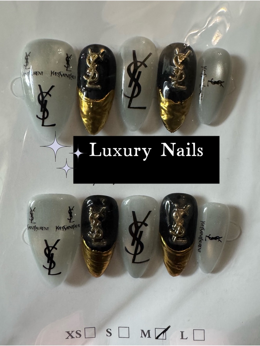 Designer Inspired Black, Gold & White Frost Logo Press-On Nails